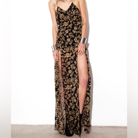 For Love And Lemons Dresses & Skirts - For Love & Lemons Double Slit Sleeveless Maxi Dress Purple Velvet Silk Floral S